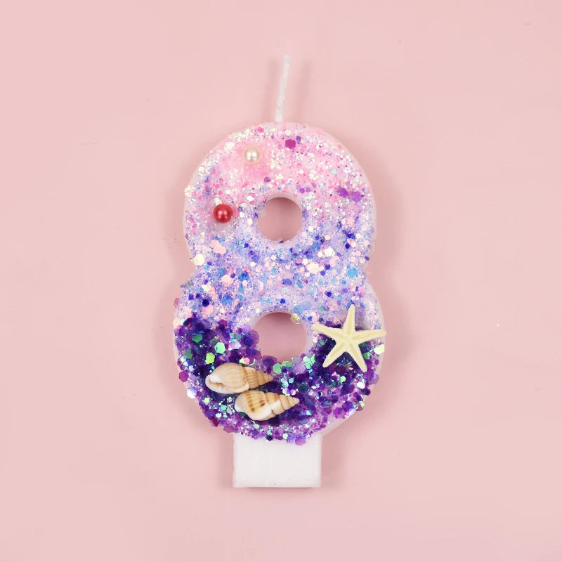 Mermaid-Themed Number Cake Candle (0-9) with Drip Saucer – Pink and Purple Topper for Girls’ Birthday Party, Under-the-Sea Cake Decoration