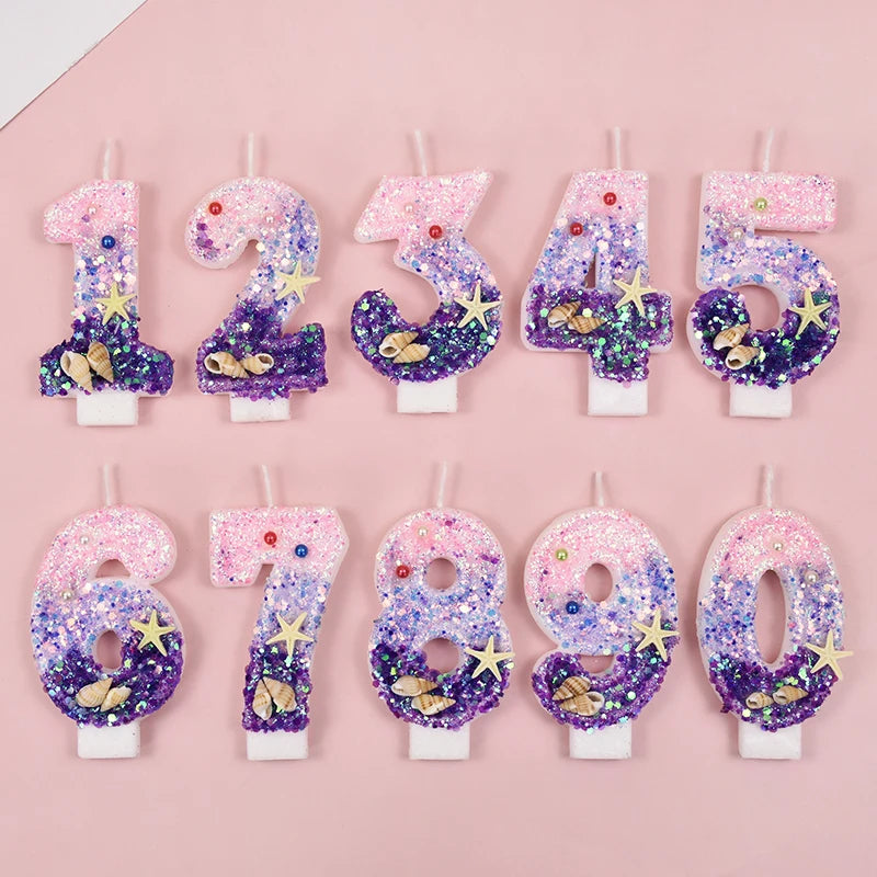 Mermaid-Themed Number Cake Candle (0-9) with Drip Saucer – Pink and Purple Topper for Girls’ Birthday Party, Under-the-Sea Cake Decoration