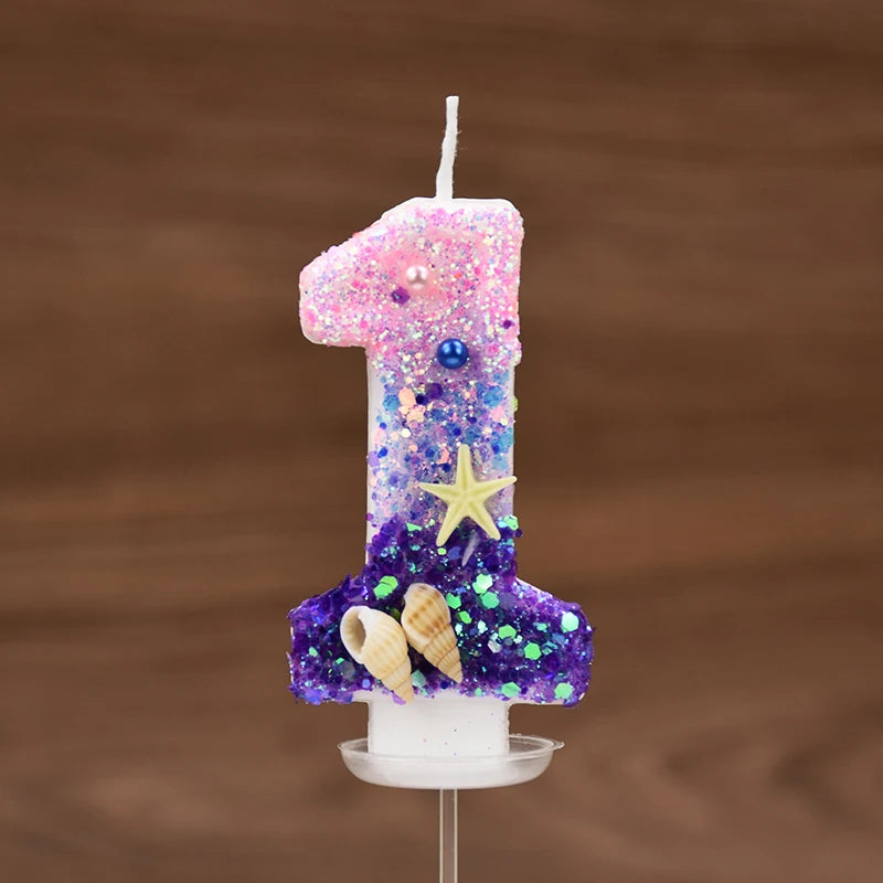 Mermaid-Themed Number Cake Candle (0-9) with Drip Saucer – Pink and Purple Topper for Girls’ Birthday Party, Under-the-Sea Cake Decoration