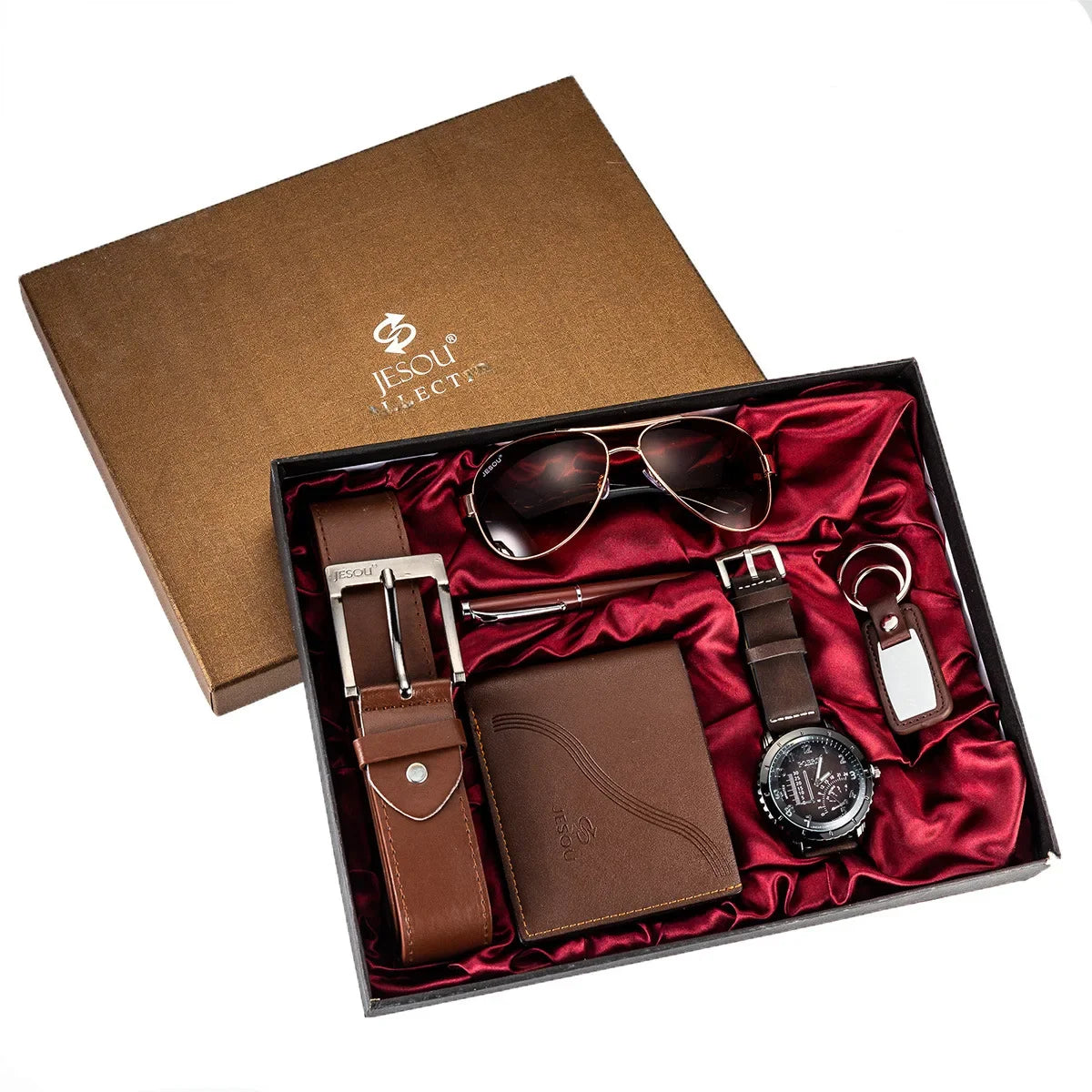 Juego de regalo empresarial de lujo para hombres: reloj, gafas, bolígrafo, llavero, cinturón y billetera 6 en 1: regalo ideal para el Día del Padre, cumpleaños y Navidad