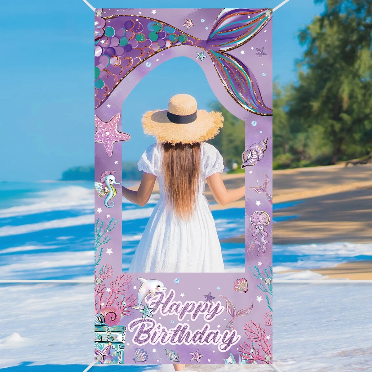 Marco de fotos con cola de sirena como telón de fondo: accesorios fotográficos submarinos para fiestas de cumpleaños y decoración de baby shower