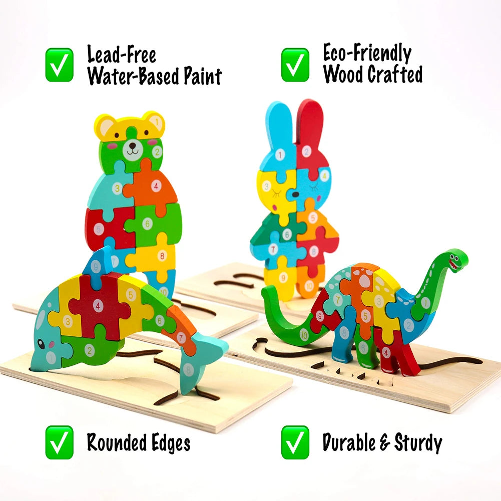 Rompecabezas de animales de madera en 3D educativos: juguetes de desarrollo cognitivo para niños pequeños y bebés: juego de rompecabezas de aprendizaje divertido y atractivo para niños