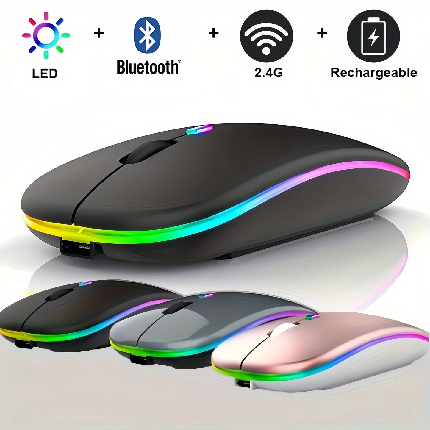 Advanced Rechargeable 2.4G Wireless Gaming Mouse with Bluetooth 5.2 and Dynamic LED Backlighting
