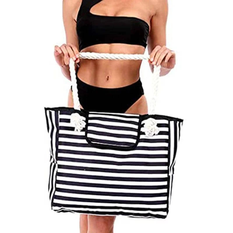 Elegant Striped Canvas Tote for Women - Spacious and Versatile Shoulder Bag for Shopping, Travel, School, and Beach - Home Fads