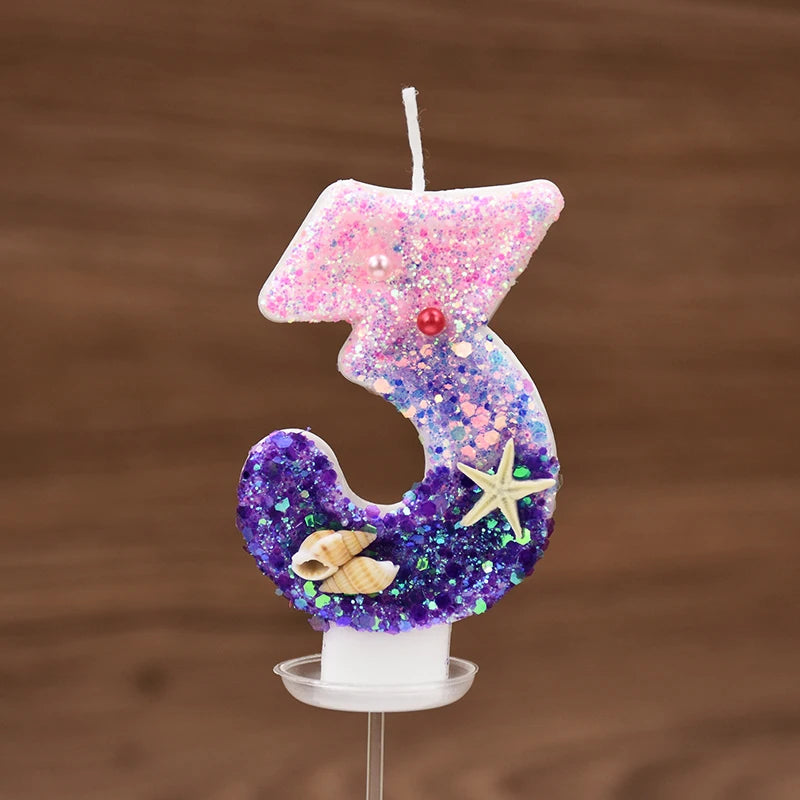 Mermaid-Themed Number Cake Candle (0-9) with Drip Saucer – Pink and Purple Topper for Girls’ Birthday Party, Under-the-Sea Cake Decoration