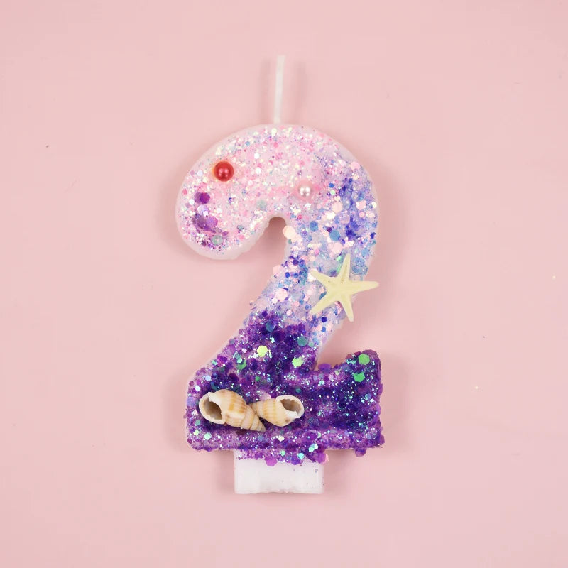 Mermaid-Themed Number Cake Candle (0-9) with Drip Saucer – Pink and Purple Topper for Girls’ Birthday Party, Under-the-Sea Cake Decoration