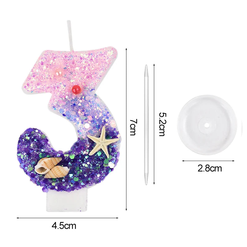 Mermaid-Themed Number Cake Candle (0-9) with Drip Saucer – Pink and Purple Topper for Girls’ Birthday Party, Under-the-Sea Cake Decoration