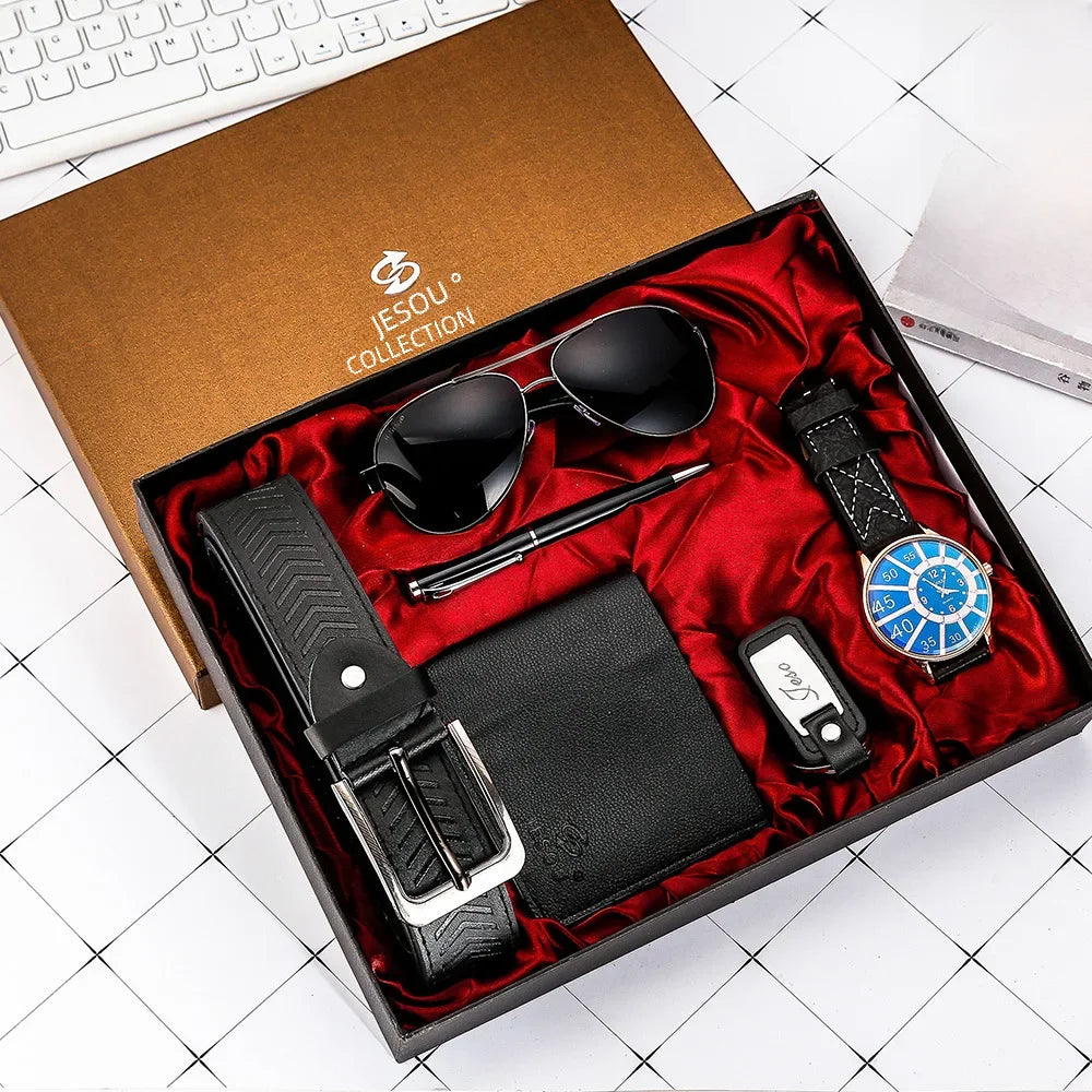 Juego de regalo empresarial de lujo para hombres: reloj, gafas, bolígrafo, llavero, cinturón y billetera 6 en 1: regalo ideal para el Día del Padre, cumpleaños y Navidad