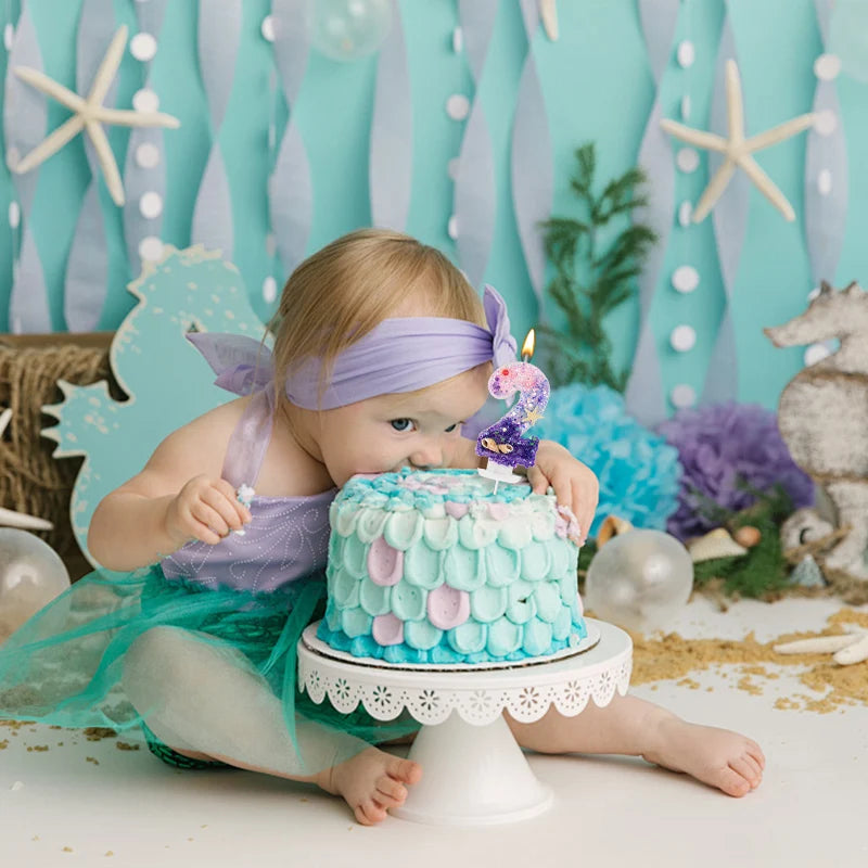 Mermaid-Themed Number Cake Candle (0-9) with Drip Saucer – Pink and Purple Topper for Girls’ Birthday Party, Under-the-Sea Cake Decoration