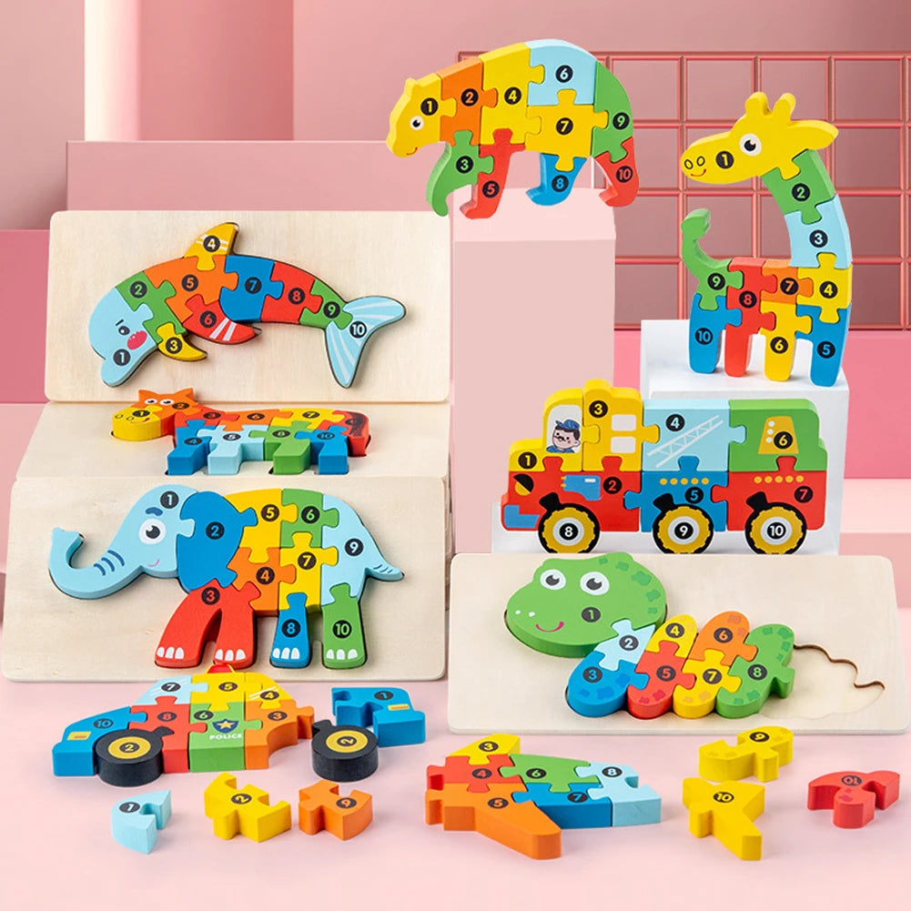 Rompecabezas de animales de madera en 3D educativos: juguetes de desarrollo cognitivo para niños pequeños y bebés: juego de rompecabezas de aprendizaje divertido y atractivo para niños