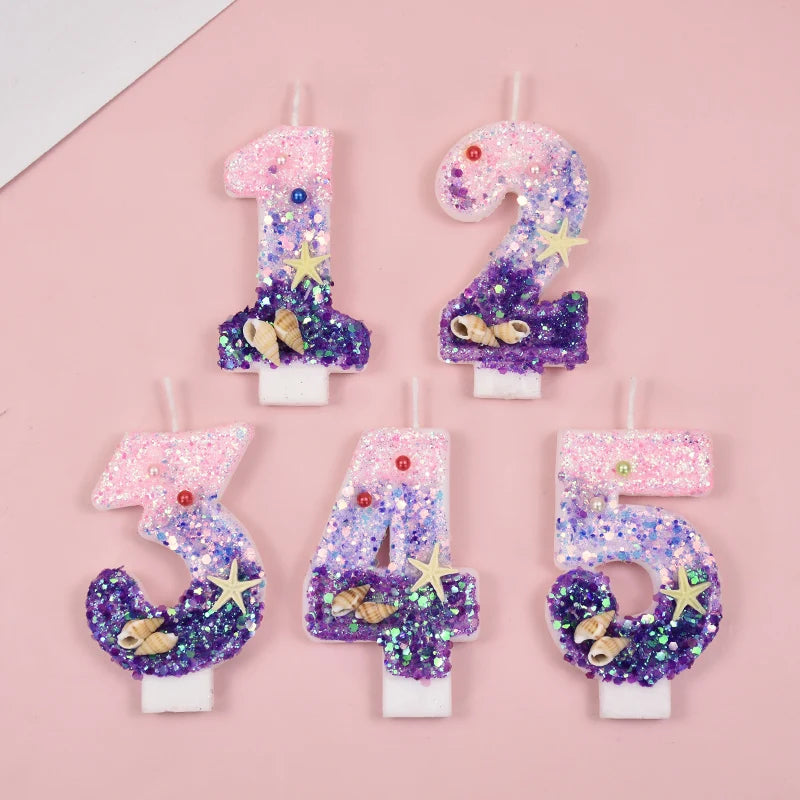 Mermaid-Themed Number Cake Candle (0-9) with Drip Saucer – Pink and Purple Topper for Girls’ Birthday Party, Under-the-Sea Cake Decoration