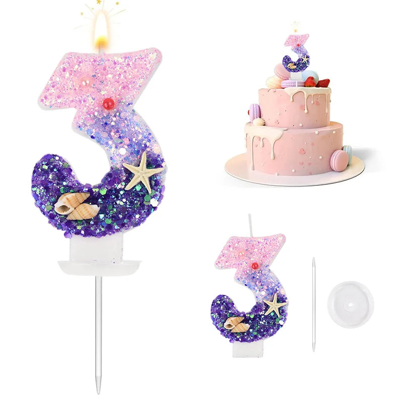 Mermaid-Themed Number Cake Candle (0-9) with Drip Saucer – Pink and Purple Topper for Girls’ Birthday Party, Under-the-Sea Cake Decoration