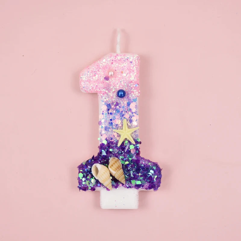 Mermaid-Themed Number Cake Candle (0-9) with Drip Saucer – Pink and Purple Topper for Girls’ Birthday Party, Under-the-Sea Cake Decoration