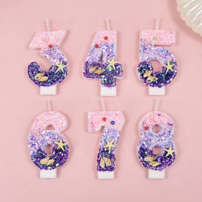Mermaid-Themed Number Cake Candle (0-9) with Drip Saucer – Pink and Purple Topper for Girls’ Birthday Party, Under-the-Sea Cake Decoration