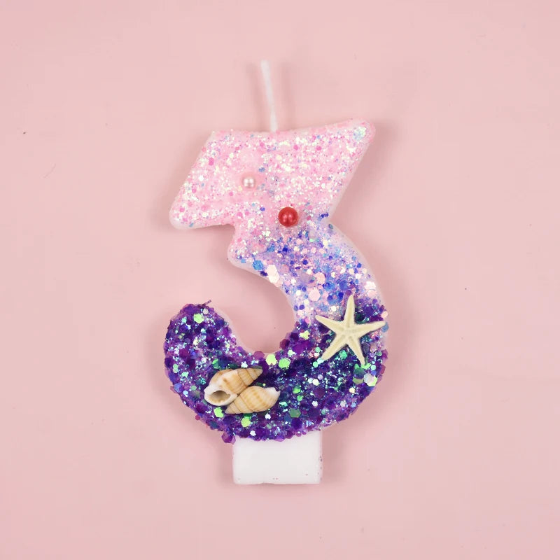 Mermaid-Themed Number Cake Candle (0-9) with Drip Saucer – Pink and Purple Topper for Girls’ Birthday Party, Under-the-Sea Cake Decoration