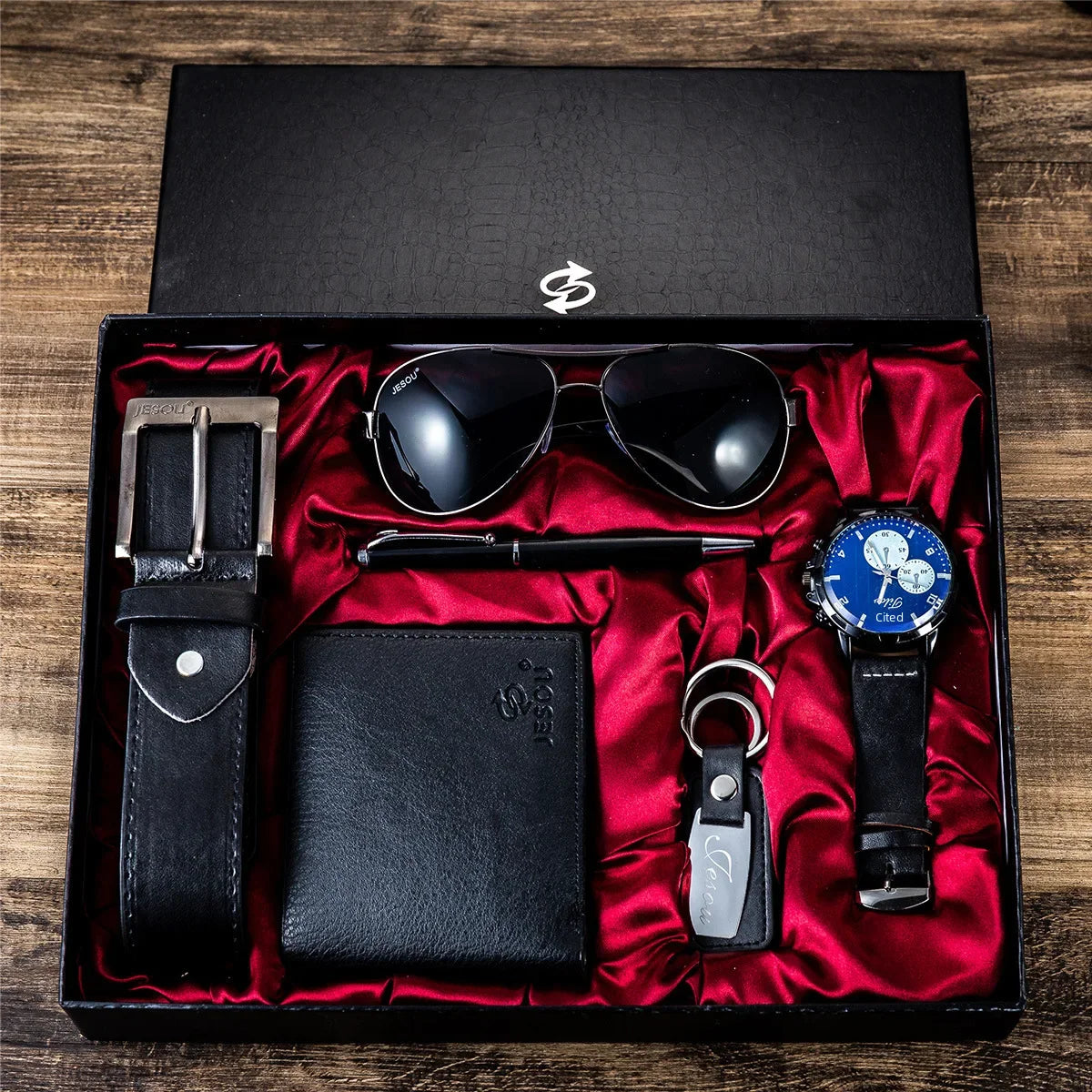 Juego de regalo empresarial de lujo para hombres: reloj, gafas, bolígrafo, llavero, cinturón y billetera 6 en 1: regalo ideal para el Día del Padre, cumpleaños y Navidad
