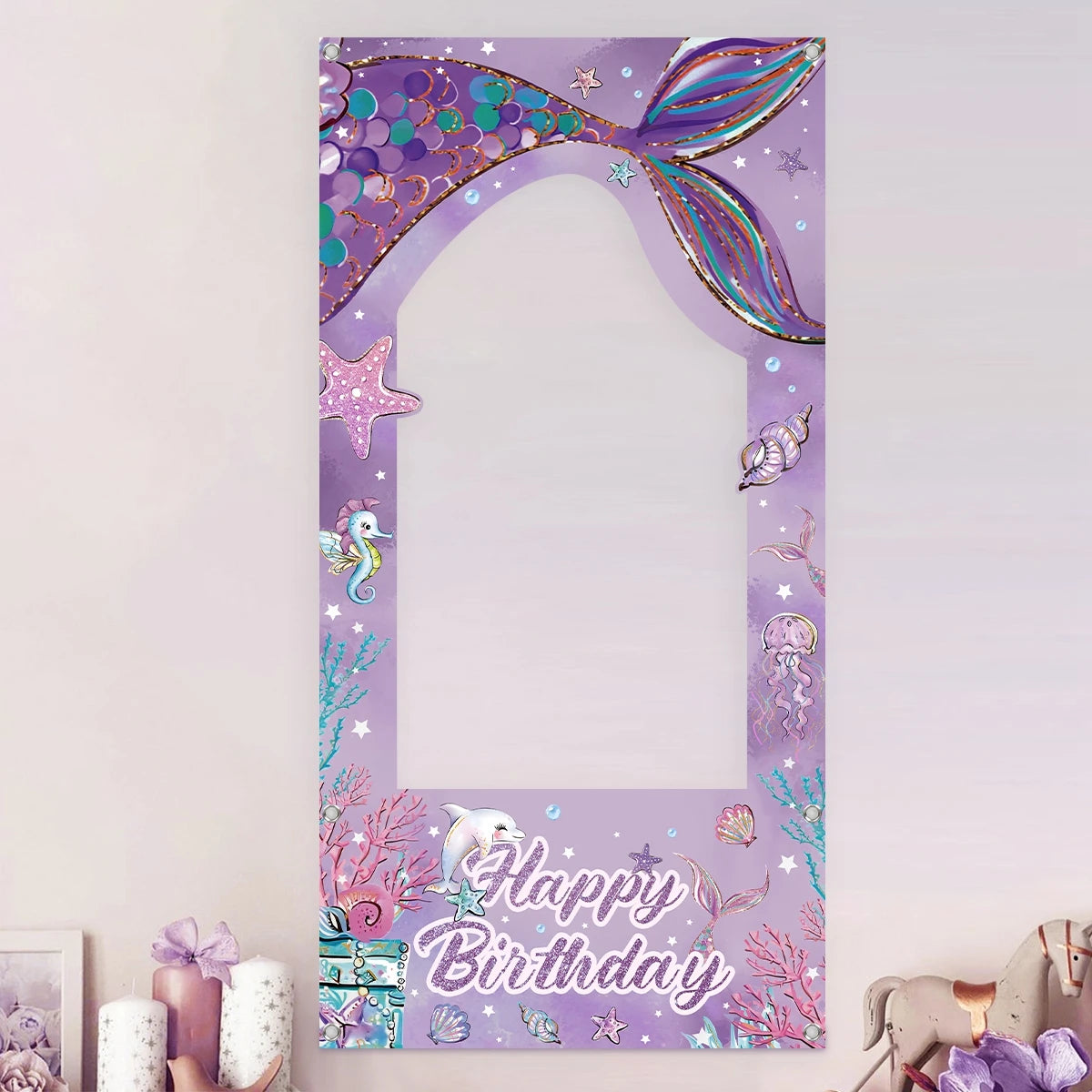 Marco de fotos con cola de sirena como telón de fondo: accesorios fotográficos submarinos para fiestas de cumpleaños y decoración de baby shower