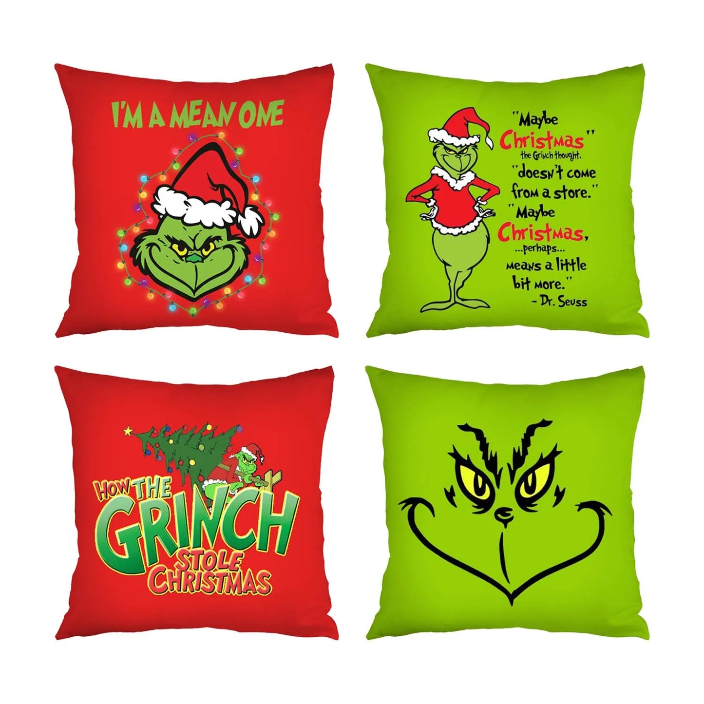 Set of 4 Holiday Pillow Covers 45x45cm – Festive Decorative Pillowcases with Grinch-Inspired Character for Sofa or Couch Decor - Home Fads