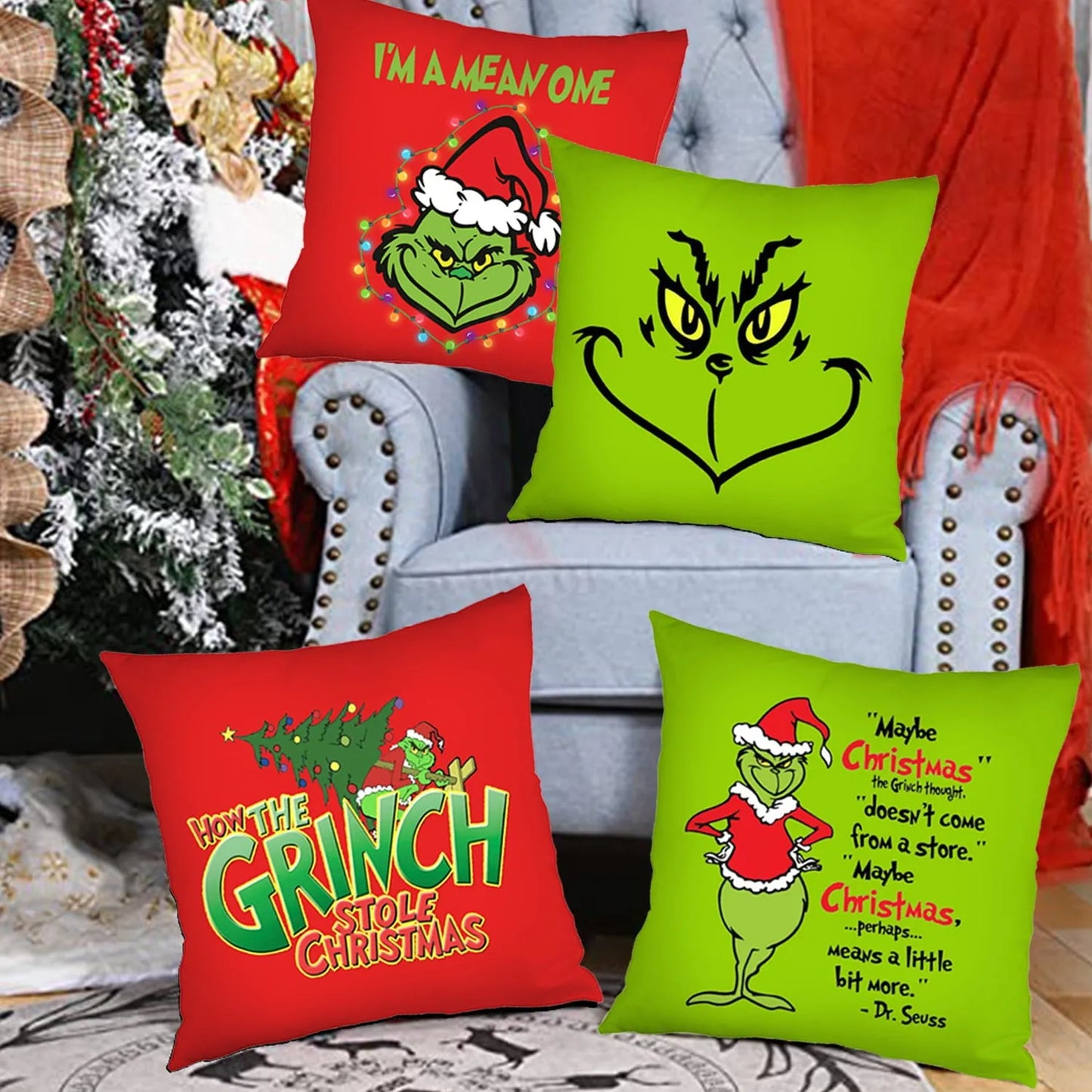 Set of 4 Holiday Pillow Covers 45x45cm – Festive Decorative Pillowcases with Grinch-Inspired Character for Sofa or Couch Decor - Home Fads