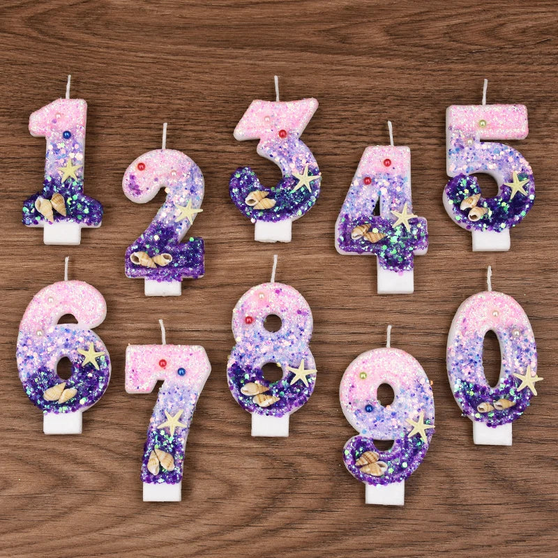Mermaid-Themed Number Cake Candle (0-9) with Drip Saucer – Pink and Purple Topper for Girls’ Birthday Party, Under-the-Sea Cake Decoration