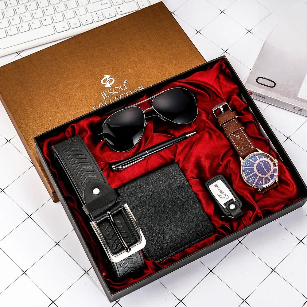 Juego de regalo empresarial de lujo para hombres: reloj, gafas, bolígrafo, llavero, cinturón y billetera 6 en 1: regalo ideal para el Día del Padre, cumpleaños y Navidad