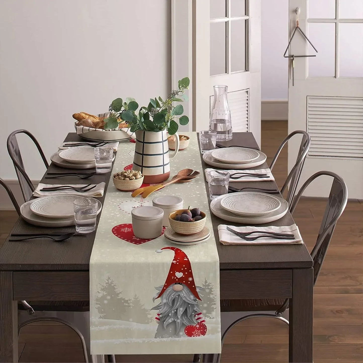 Snowflake Gnome Linen Table Runner – Reusable Decorative Dresser Scarf for Kitchen and Dining Décor - Home Fads