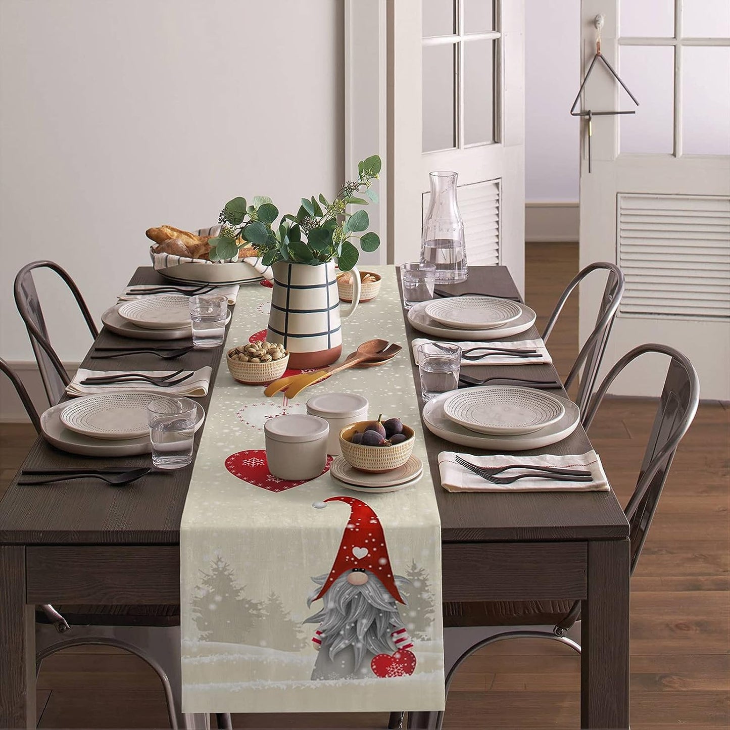 Snowflake Gnome Linen Table Runner – Reusable Decorative Dresser Scarf for Kitchen and Dining Décor - Home Fads