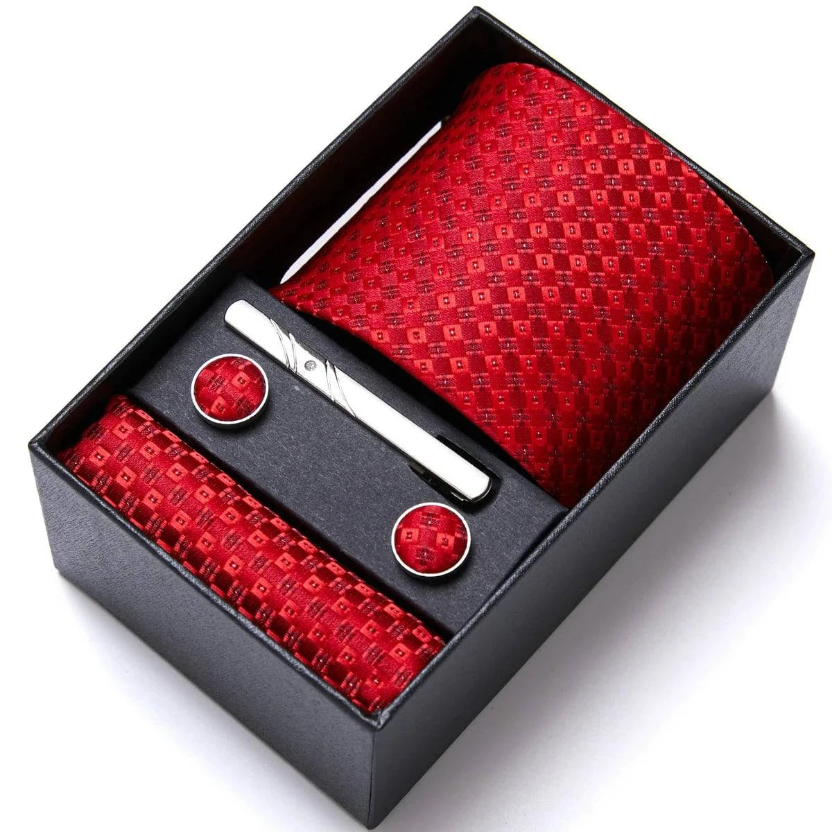 Sophisticated Silk Necktie Ensemble for Men: Complete Set with Necktie, Handkerchief, Cufflinks, and Tie Clips in Gift Box – Perfect Father's Day Gift - Home Fads