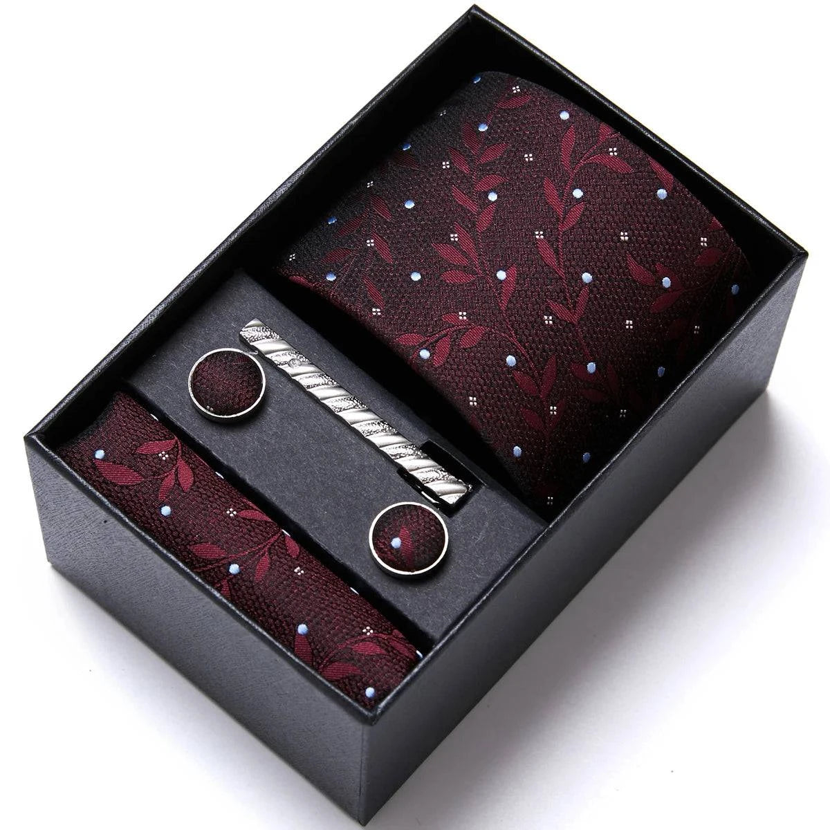 Sophisticated Silk Necktie Ensemble for Men: Complete Set with Necktie, Handkerchief, Cufflinks, and Tie Clips in Gift Box – Perfect Father's Day Gift - Home Fads