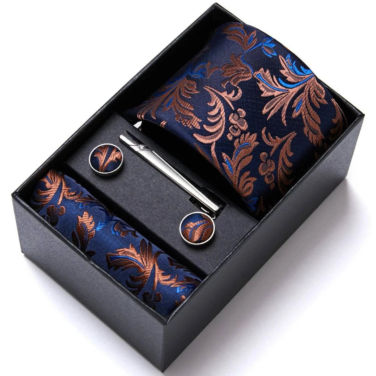 Sophisticated Silk Necktie Ensemble for Men: Complete Set with Necktie, Handkerchief, Cufflinks, and Tie Clips in Gift Box – Perfect Father's Day Gift - Home Fads