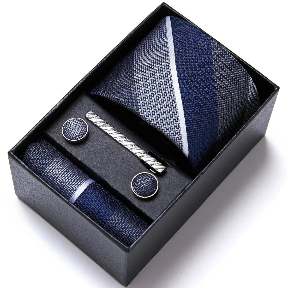 Sophisticated Silk Necktie Ensemble for Men: Complete Set with Necktie, Handkerchief, Cufflinks, and Tie Clips in Gift Box – Perfect Father's Day Gift - Home Fads