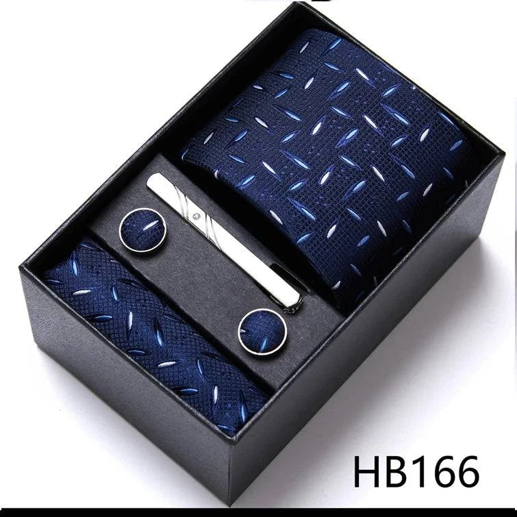 Sophisticated Silk Necktie Ensemble for Men: Complete Set with Necktie, Handkerchief, Cufflinks, and Tie Clips in Gift Box – Perfect Father's Day Gift - Home Fads