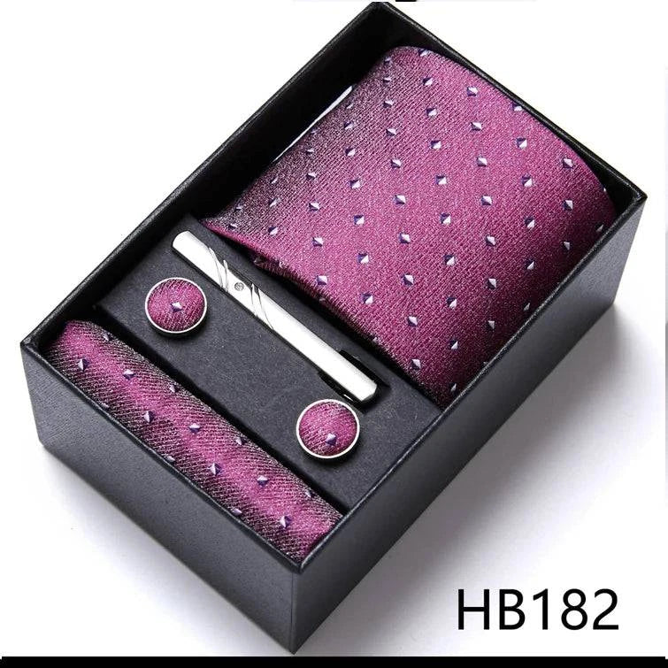 Sophisticated Silk Necktie Ensemble for Men: Complete Set with Necktie, Handkerchief, Cufflinks, and Tie Clips in Gift Box – Perfect Father's Day Gift - Home Fads