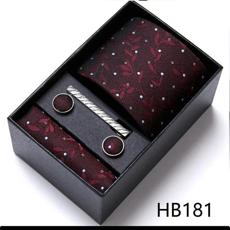 Sophisticated Silk Necktie Ensemble for Men: Complete Set with Necktie, Handkerchief, Cufflinks, and Tie Clips in Gift Box – Perfect Father's Day Gift - Home Fads