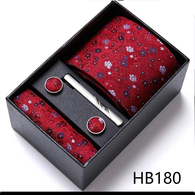 Sophisticated Silk Necktie Ensemble for Men: Complete Set with Necktie, Handkerchief, Cufflinks, and Tie Clips in Gift Box – Perfect Father's Day Gift - Home Fads