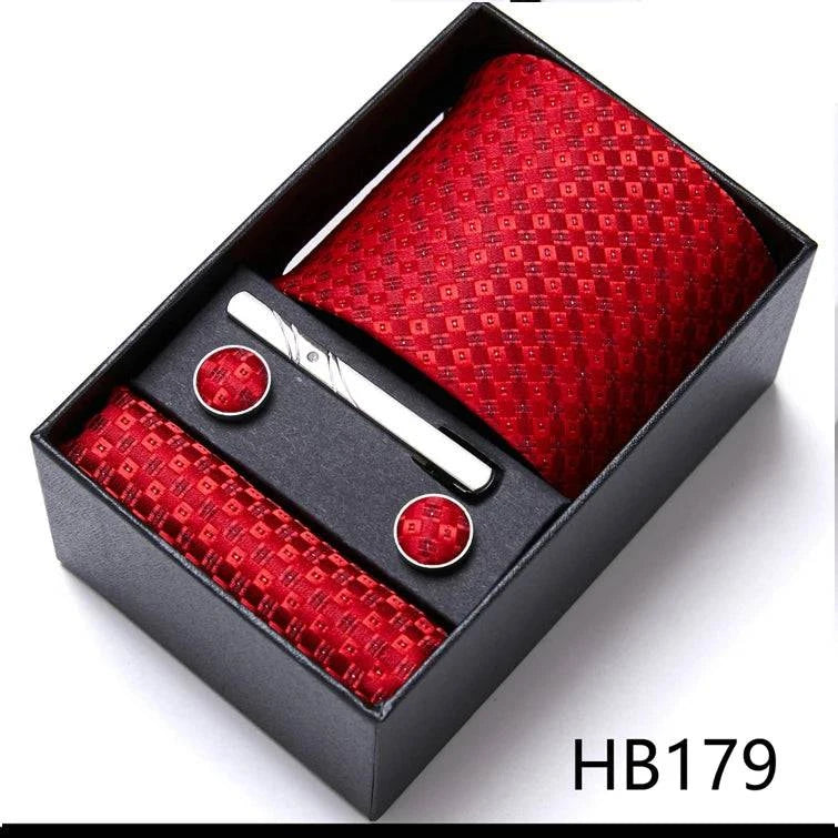 Sophisticated Silk Necktie Ensemble for Men: Complete Set with Necktie, Handkerchief, Cufflinks, and Tie Clips in Gift Box – Perfect Father's Day Gift - Home Fads