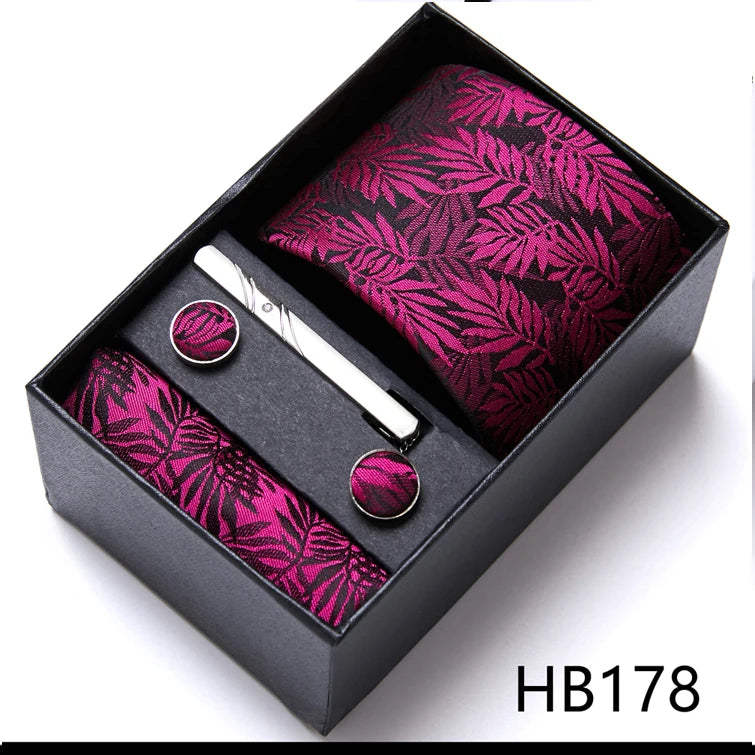 Sophisticated Silk Necktie Ensemble for Men: Complete Set with Necktie, Handkerchief, Cufflinks, and Tie Clips in Gift Box – Perfect Father's Day Gift - Home Fads