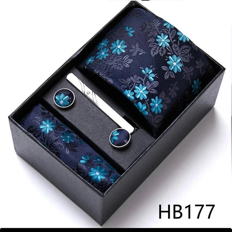 Sophisticated Silk Necktie Ensemble for Men: Complete Set with Necktie, Handkerchief, Cufflinks, and Tie Clips in Gift Box – Perfect Father's Day Gift - Home Fads