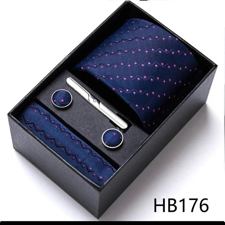 Sophisticated Silk Necktie Ensemble for Men: Complete Set with Necktie, Handkerchief, Cufflinks, and Tie Clips in Gift Box – Perfect Father's Day Gift - Home Fads