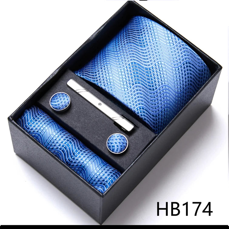 Sophisticated Silk Necktie Ensemble for Men: Complete Set with Necktie, Handkerchief, Cufflinks, and Tie Clips in Gift Box – Perfect Father's Day Gift - Home Fads