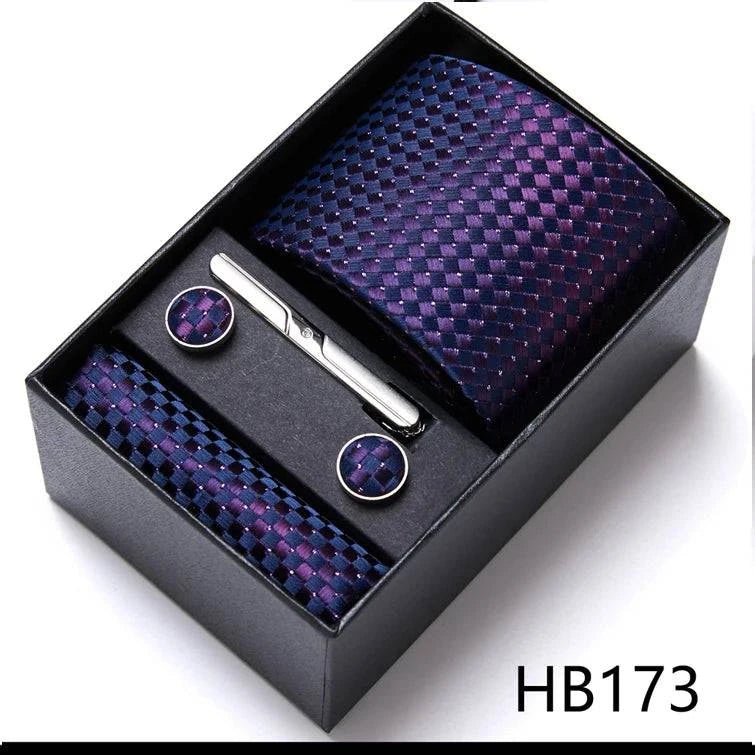 Sophisticated Silk Necktie Ensemble for Men: Complete Set with Necktie, Handkerchief, Cufflinks, and Tie Clips in Gift Box – Perfect Father's Day Gift - Home Fads