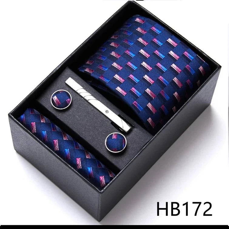 Sophisticated Silk Necktie Ensemble for Men: Complete Set with Necktie, Handkerchief, Cufflinks, and Tie Clips in Gift Box – Perfect Father's Day Gift - Home Fads
