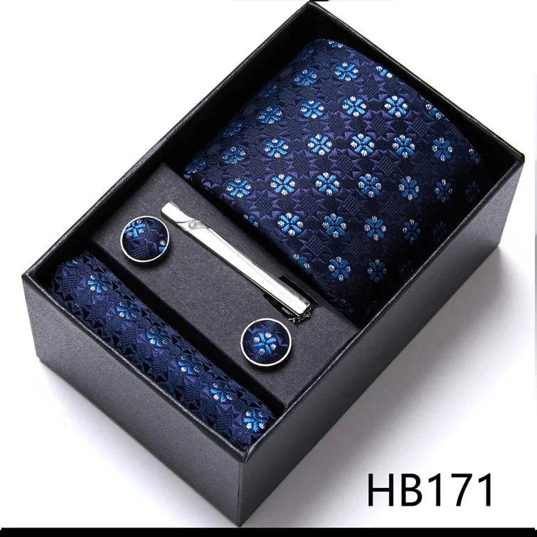 Sophisticated Silk Necktie Ensemble for Men: Complete Set with Necktie, Handkerchief, Cufflinks, and Tie Clips in Gift Box – Perfect Father's Day Gift - Home Fads