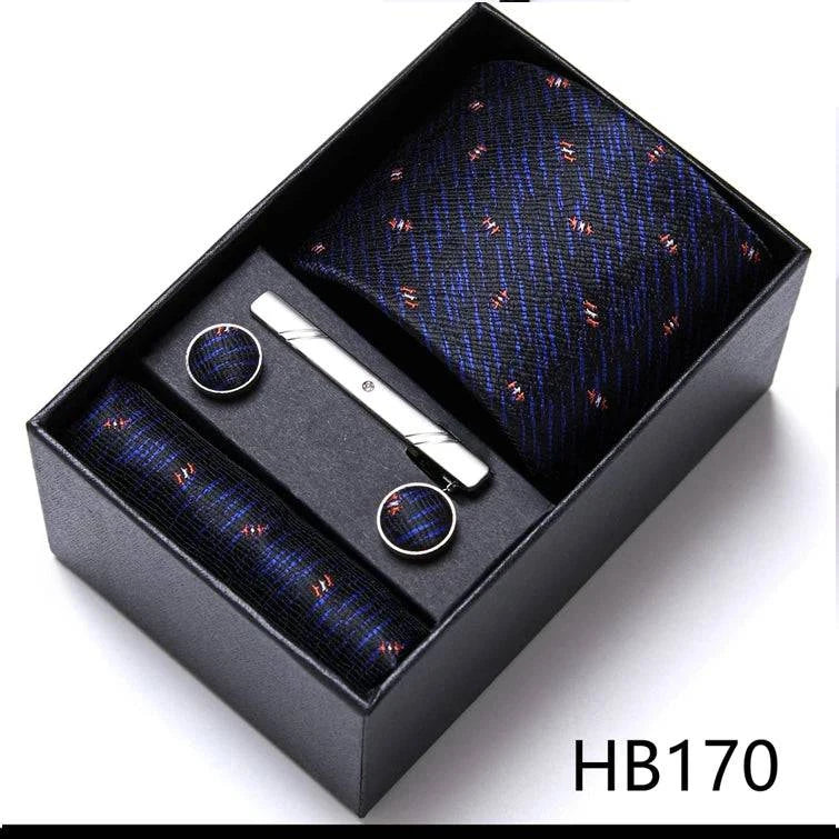 Sophisticated Silk Necktie Ensemble for Men: Complete Set with Necktie, Handkerchief, Cufflinks, and Tie Clips in Gift Box – Perfect Father's Day Gift - Home Fads