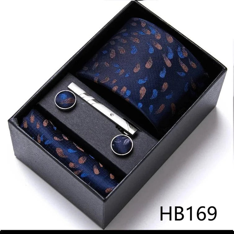 Sophisticated Silk Necktie Ensemble for Men: Complete Set with Necktie, Handkerchief, Cufflinks, and Tie Clips in Gift Box – Perfect Father's Day Gift - Home Fads