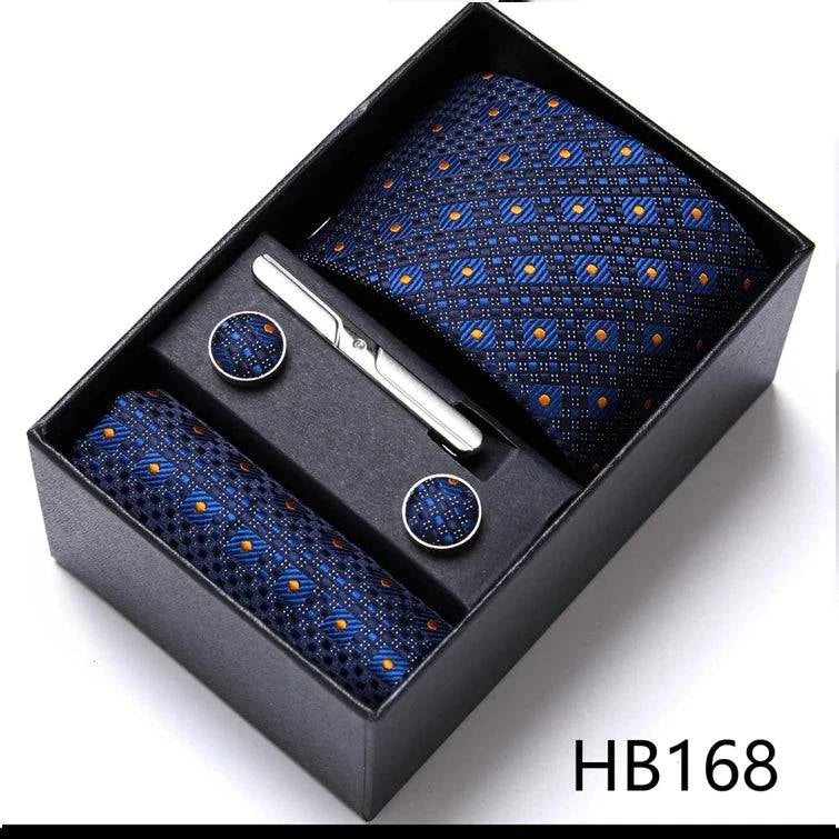 Sophisticated Silk Necktie Ensemble for Men: Complete Set with Necktie, Handkerchief, Cufflinks, and Tie Clips in Gift Box – Perfect Father's Day Gift - Home Fads