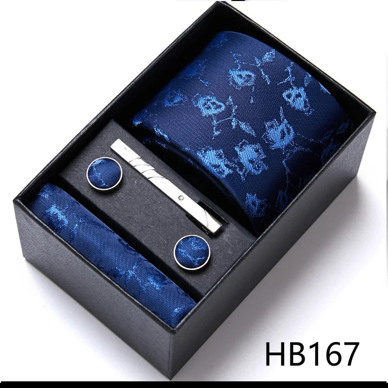 Sophisticated Silk Necktie Ensemble for Men: Complete Set with Necktie, Handkerchief, Cufflinks, and Tie Clips in Gift Box – Perfect Father's Day Gift - Home Fads