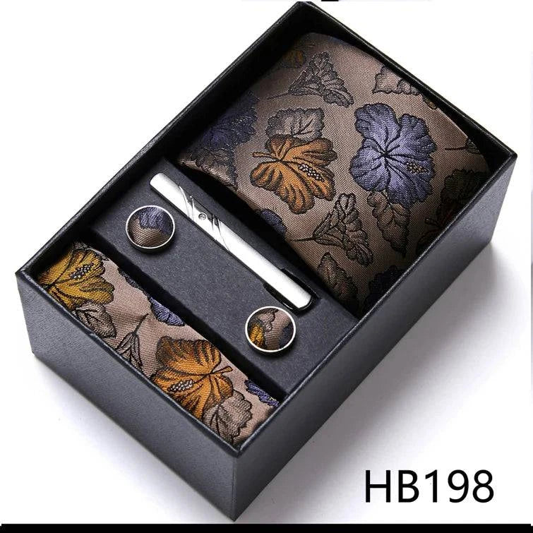 Sophisticated Silk Necktie Ensemble for Men: Complete Set with Necktie, Handkerchief, Cufflinks, and Tie Clips in Gift Box – Perfect Father's Day Gift - Home Fads