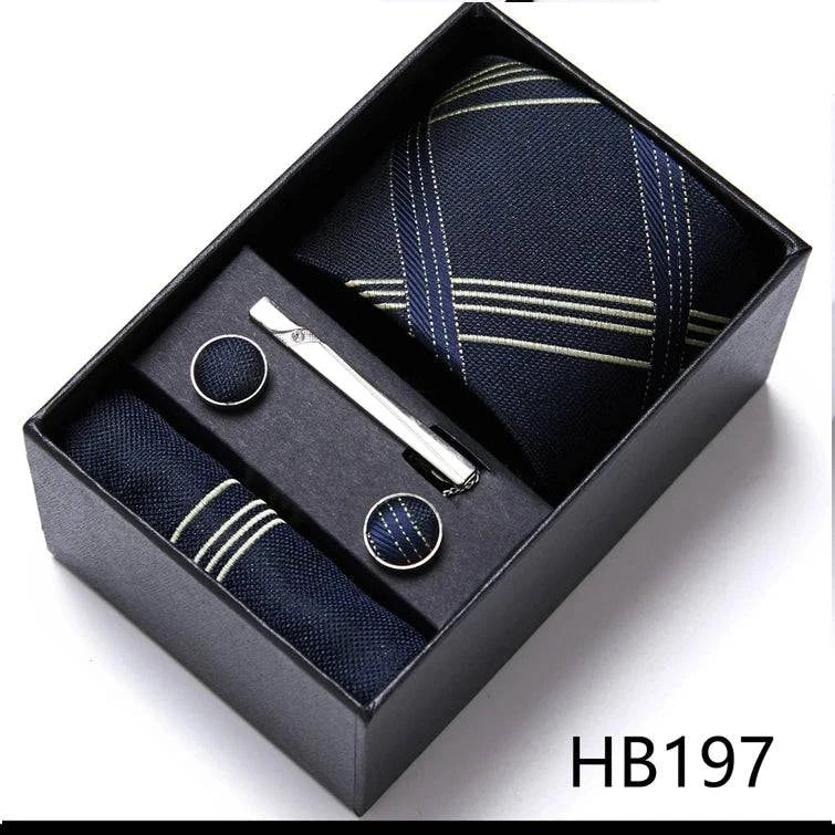 Sophisticated Silk Necktie Ensemble for Men: Complete Set with Necktie, Handkerchief, Cufflinks, and Tie Clips in Gift Box – Perfect Father's Day Gift - Home Fads