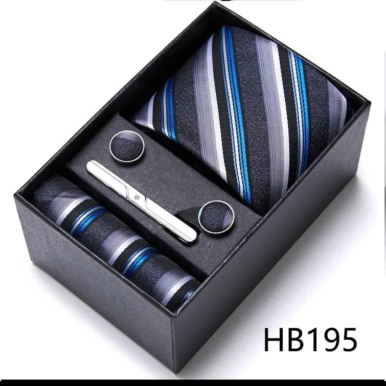 Sophisticated Silk Necktie Ensemble for Men: Complete Set with Necktie, Handkerchief, Cufflinks, and Tie Clips in Gift Box – Perfect Father's Day Gift - Home Fads